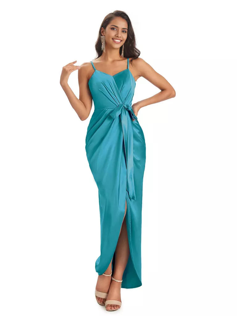 High Low Spaghetti Straps V-neck Mermaid Asymmetrical Soft Satin Bridesmaid Dresses