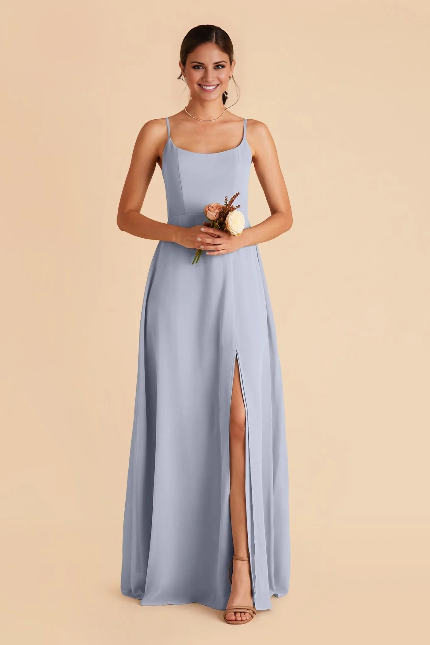 Laid-Back Dusty Blue Chiffon Square Neck Spaghetti-Strap Maxi Bridesmaid Dress with High Side Slit