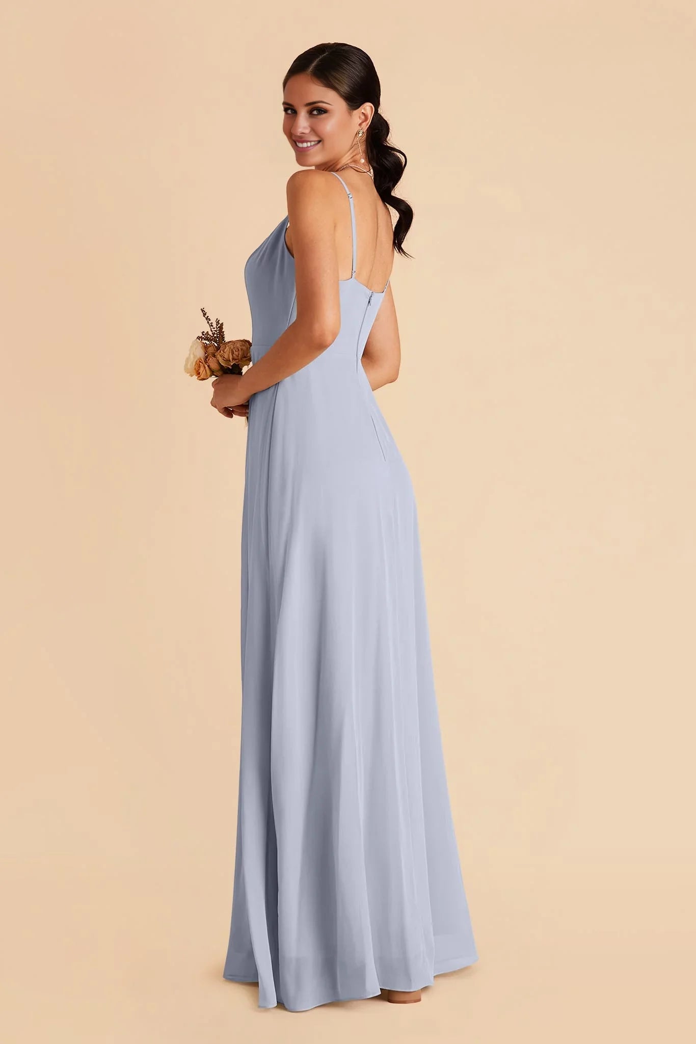 Laid-Back Dusty Blue Chiffon Square Neck Spaghetti-Strap Maxi Bridesmaid Dress with High Side Slit