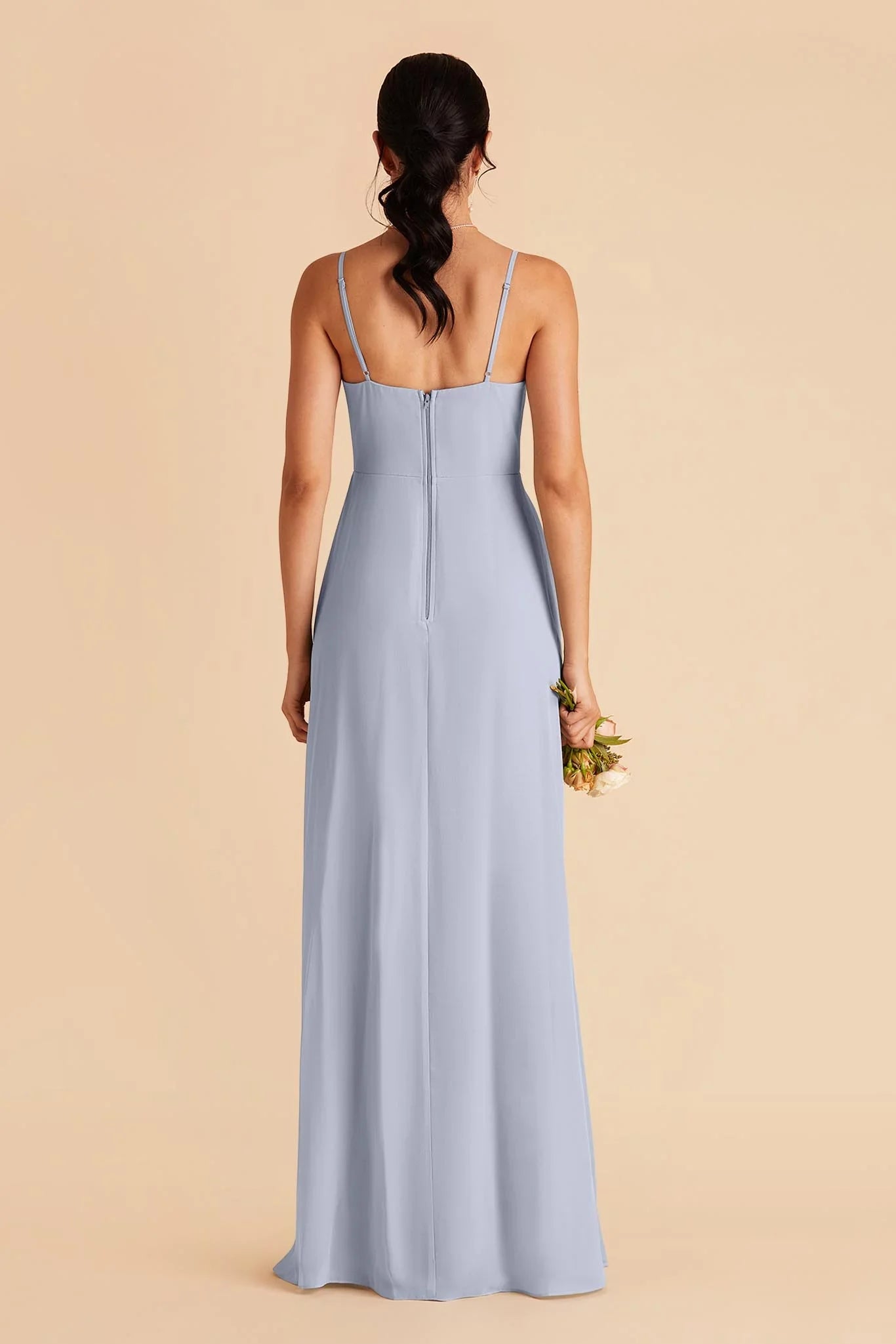 Laid-Back Dusty Blue Chiffon Square Neck Spaghetti-Strap Maxi Bridesmaid Dress with High Side Slit