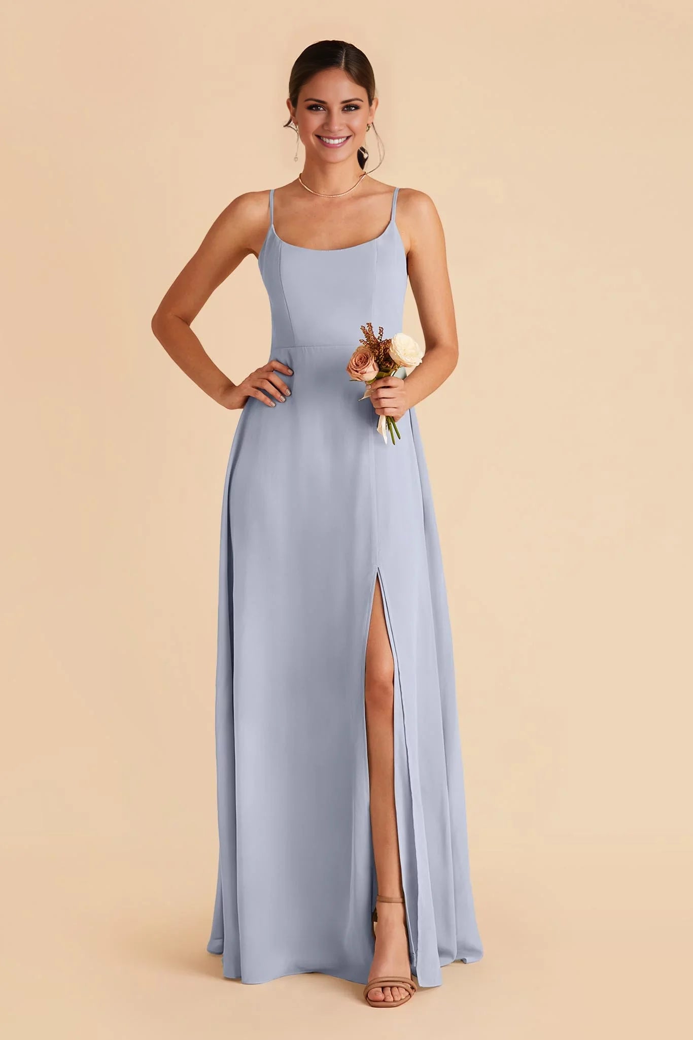 Laid-Back Dusty Blue Chiffon Square Neck Spaghetti-Strap Maxi Bridesmaid Dress with High Side Slit