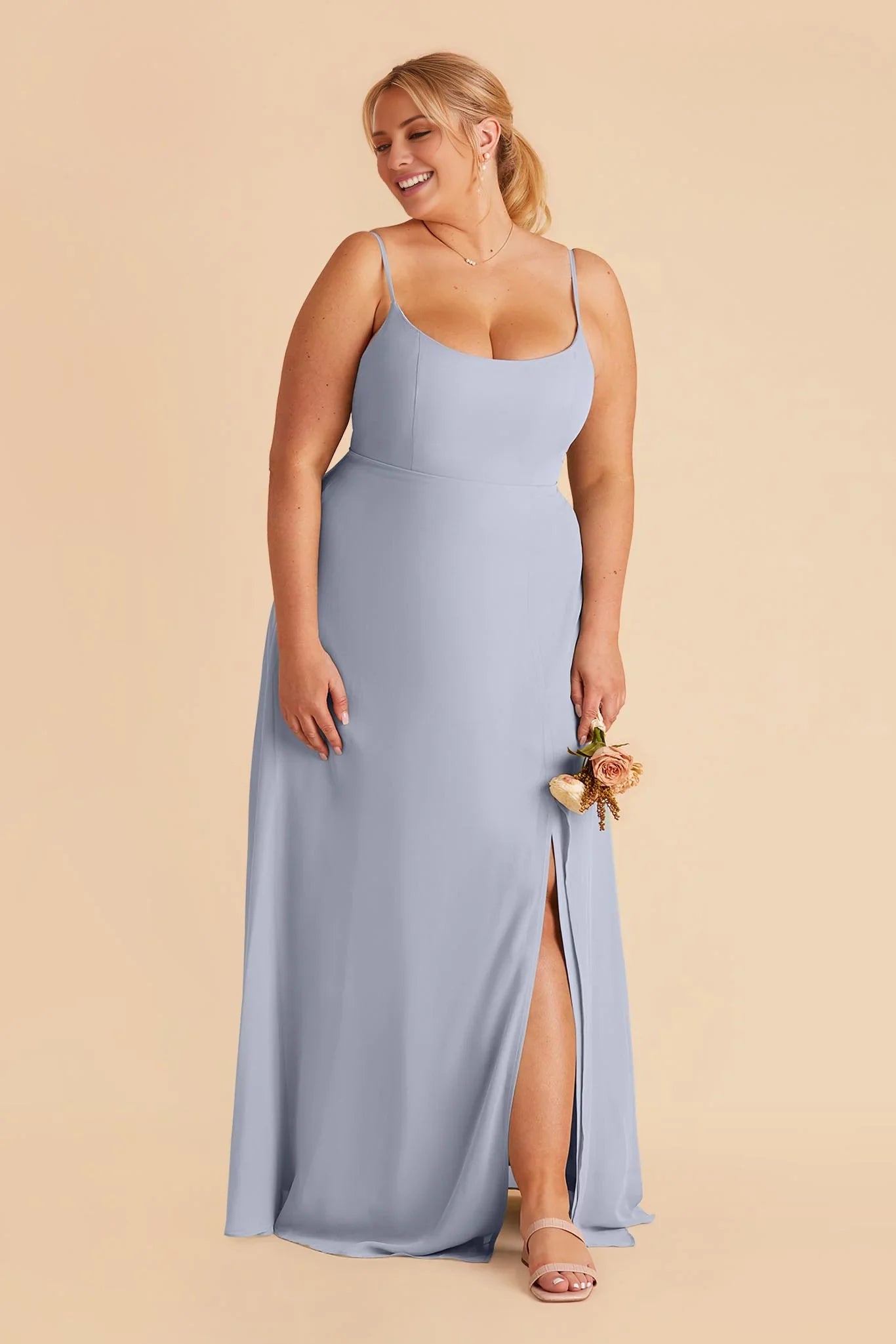Laid-Back Dusty Blue Chiffon Square Neck Spaghetti-Strap Maxi Bridesmaid Dress with High Side Slit