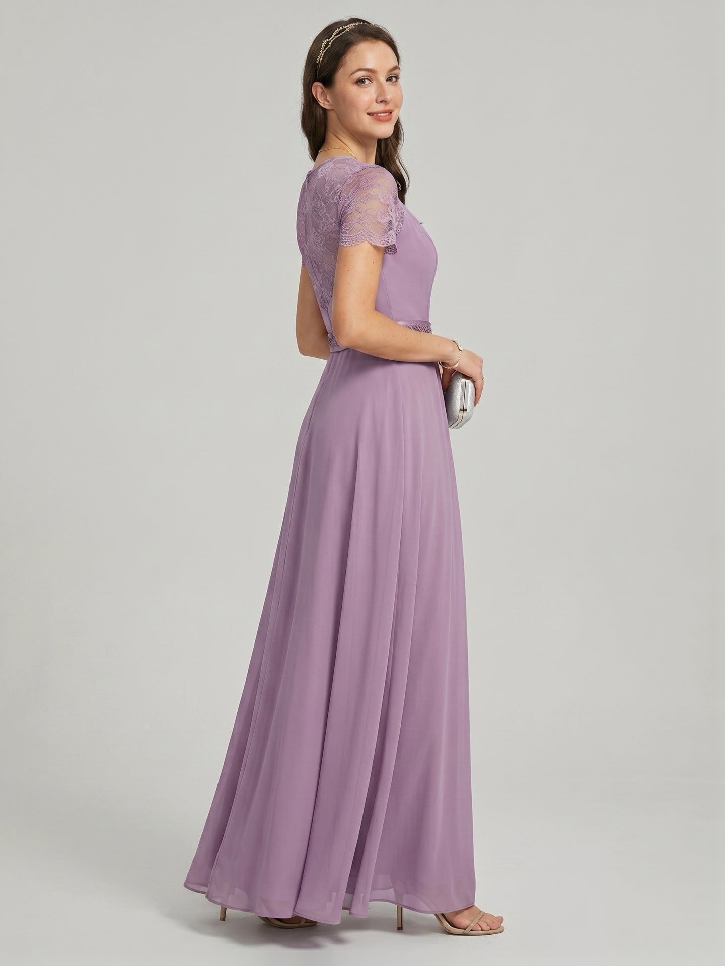 Modest Lavender Chiffon A-Line Scoop Neck Back Zip with Beaded Details Ankle-Length Bridesmaid Dress