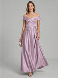 Coquette Lavender Satin A-Line Off-the-Shoulder Back Zip Ankle-Length Bridesmaid Dress