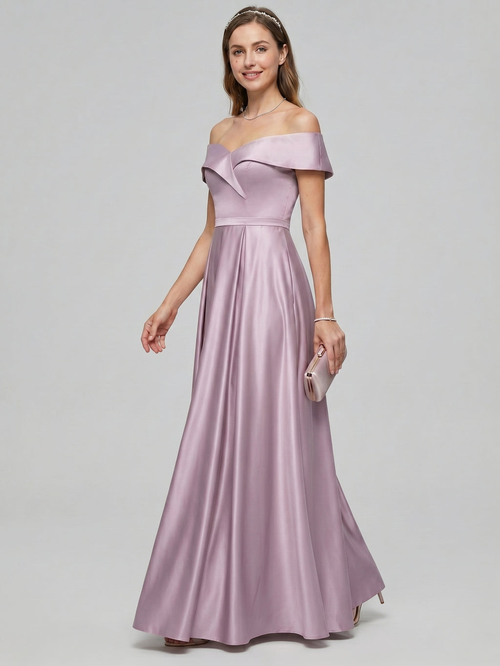Coquette Lavender Satin A-Line Off-the-Shoulder Back Zip Ankle-Length Bridesmaid Dress