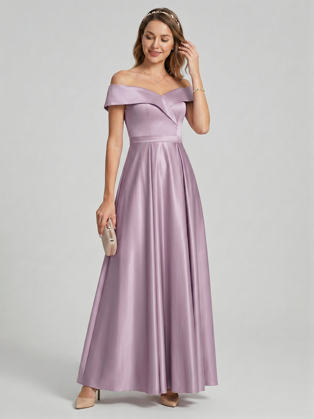 Coquette Lavender Satin A-Line Off-the-Shoulder Back Zip Ankle-Length Bridesmaid Dress