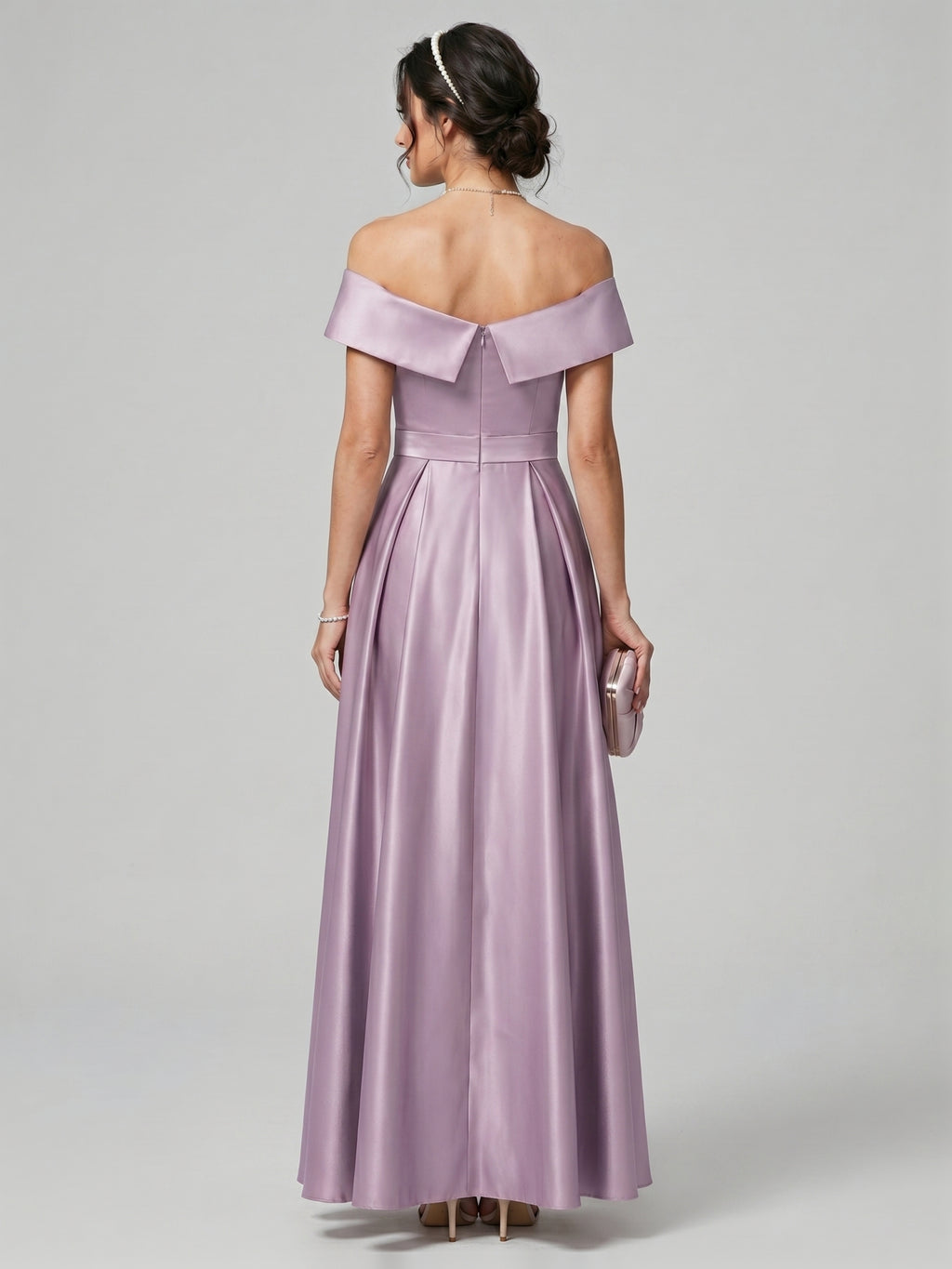 Coquette Lavender Satin A-Line Off-the-Shoulder Back Zip Ankle-Length Bridesmaid Dress