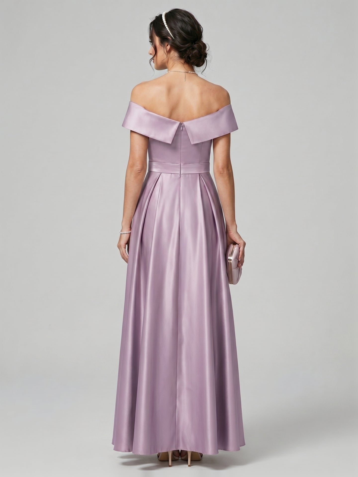 Coquette Lavender Satin A-Line Off-the-Shoulder Back Zip Ankle-Length Bridesmaid Dress