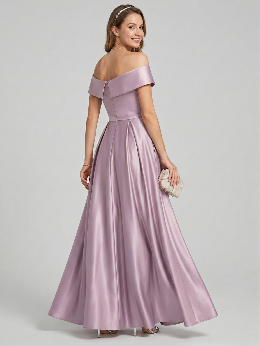 Coquette Lavender Satin A-Line Off-the-Shoulder Back Zip Ankle-Length Bridesmaid Dress