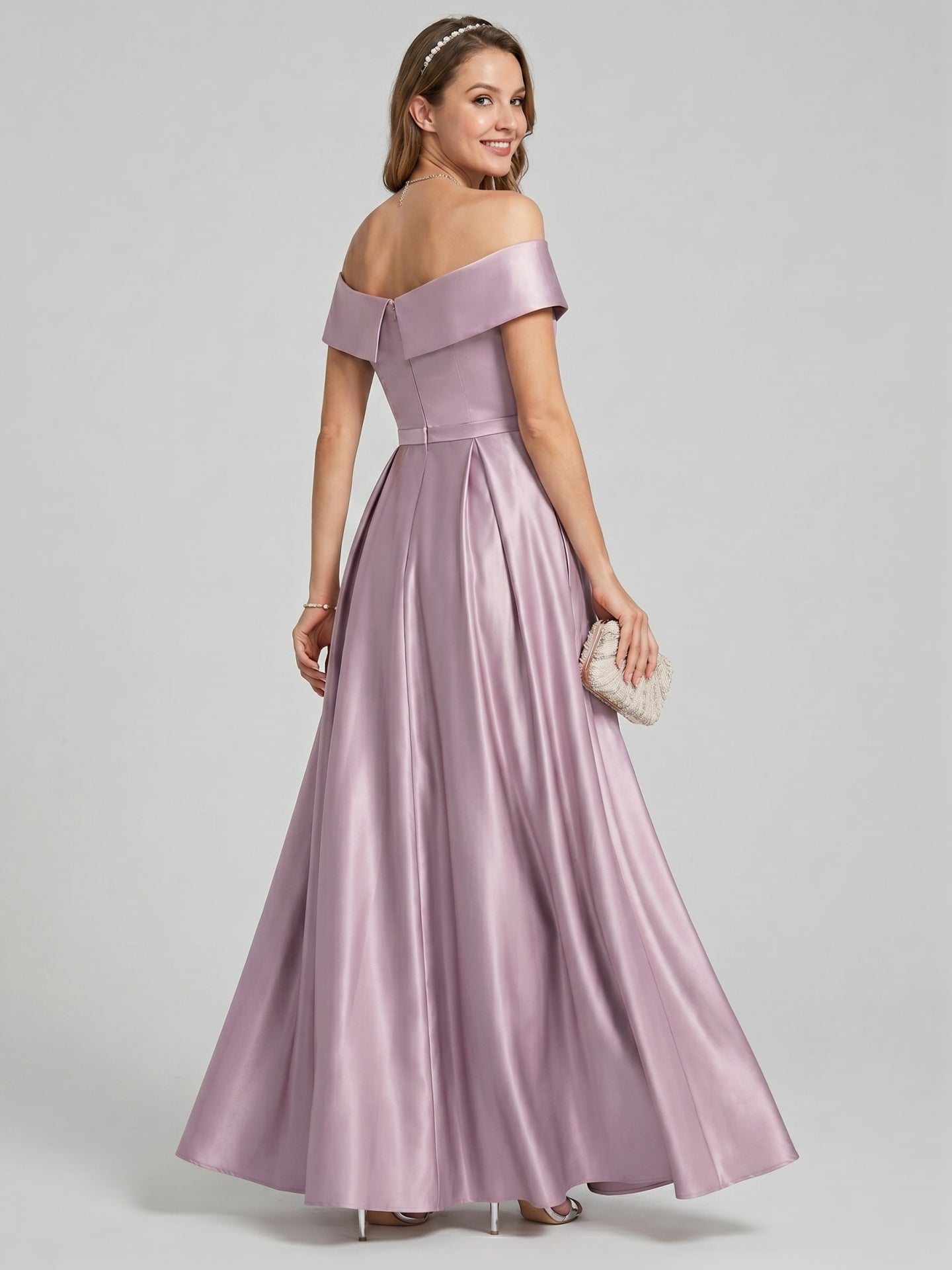 Coquette Lavender Satin A-Line Off-the-Shoulder Back Zip Ankle-Length Bridesmaid Dress