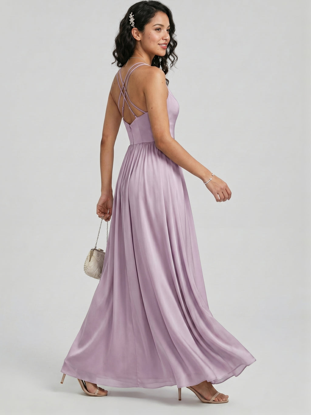Coquette Lavender Chiffon A-Line Sweetheart Backless Ankle-Length Bridesmaid Dress