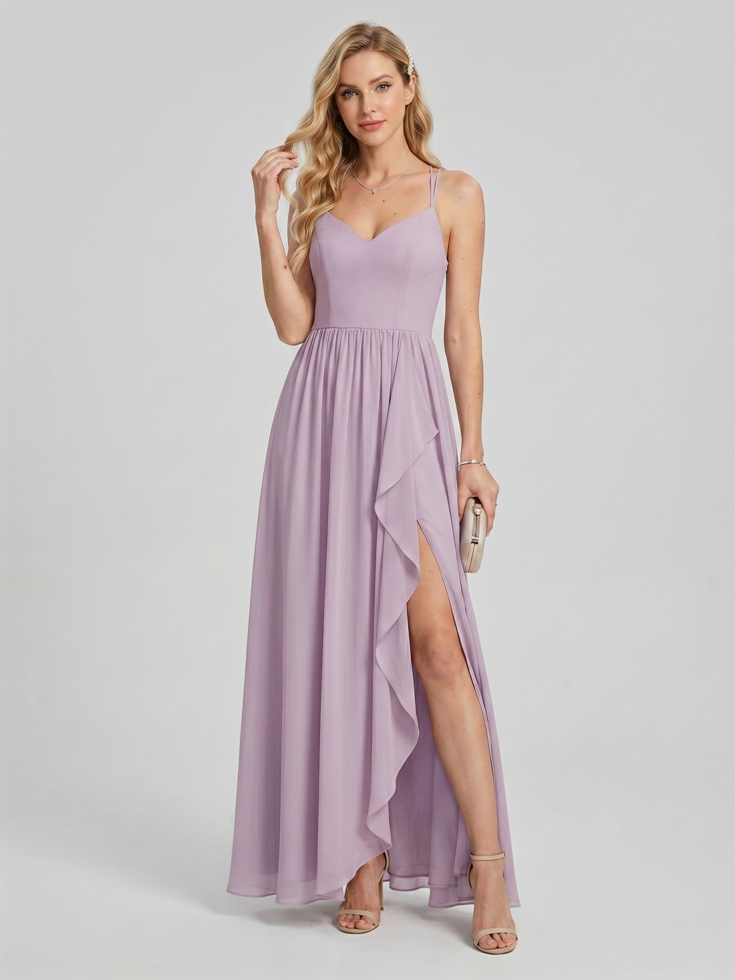 Coquette Lavender Chiffon A-Line Sweetheart Backless Ankle-Length Bridesmaid Dress