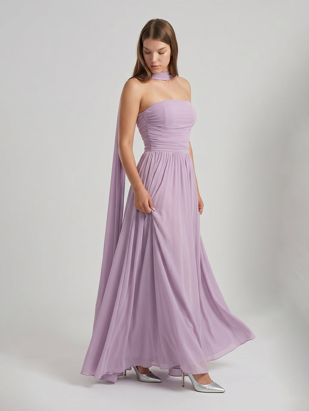Lavender Chiffon A-Line Straight Neck Criss-Cross Straps Floor-Length Bridesmaid Dress with Pleats