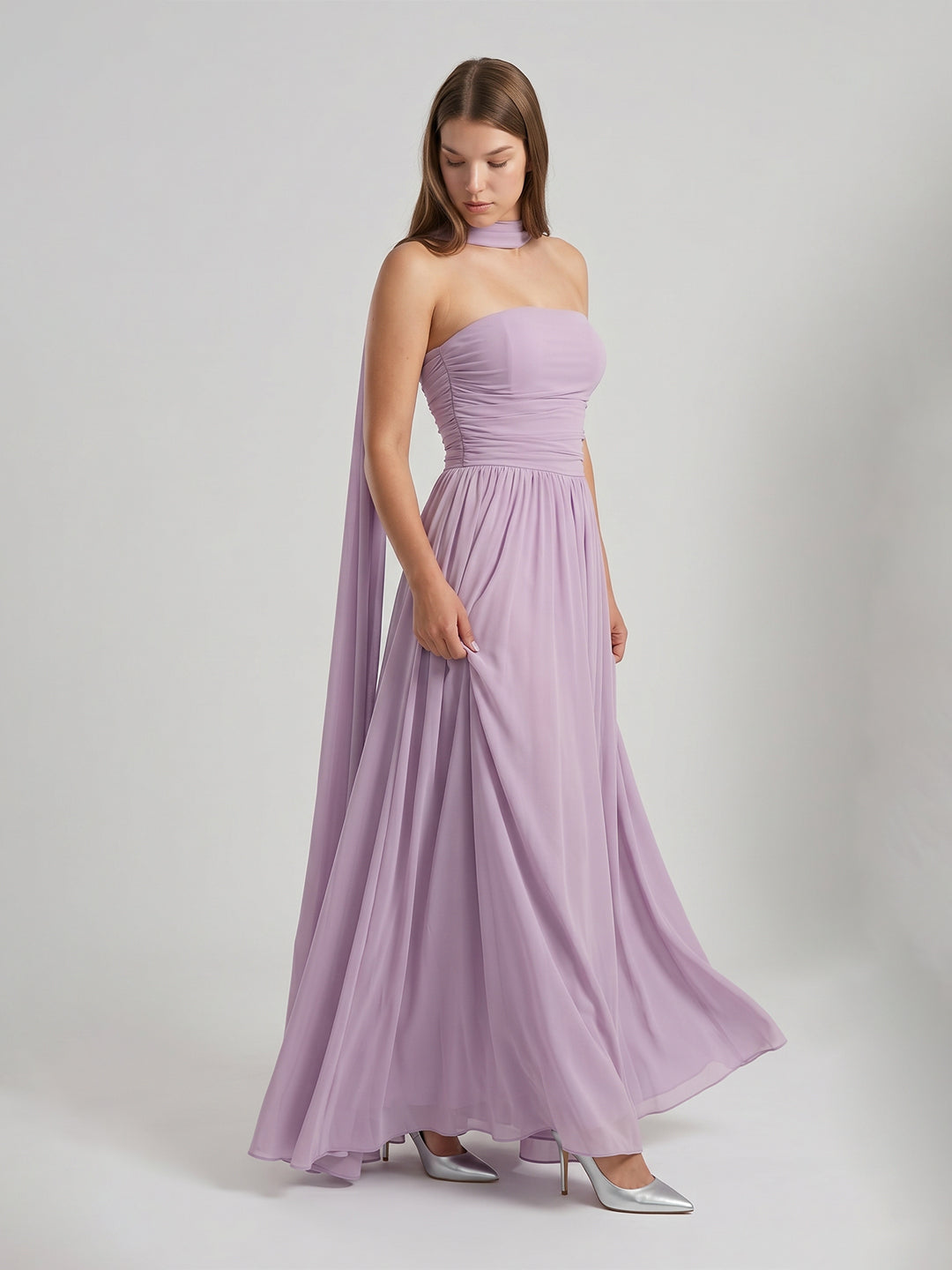 Lavender Chiffon A-Line Straight Neck Criss-Cross Straps Floor-Length Bridesmaid Dress with Pleats