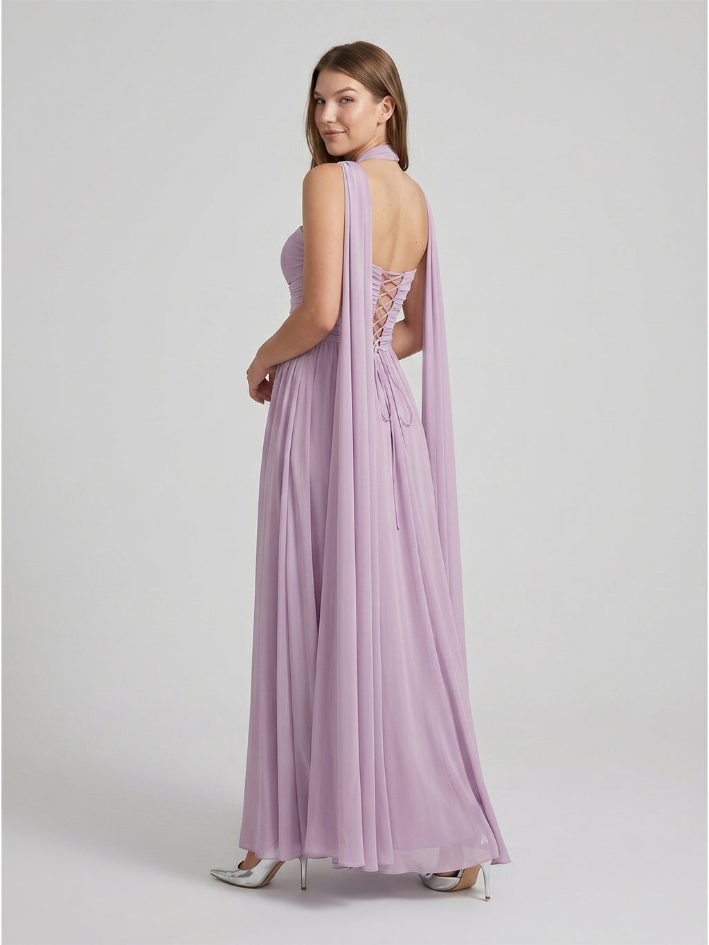 Lavender Chiffon A-Line Straight Neck Criss-Cross Straps Floor-Length Bridesmaid Dress with Pleats