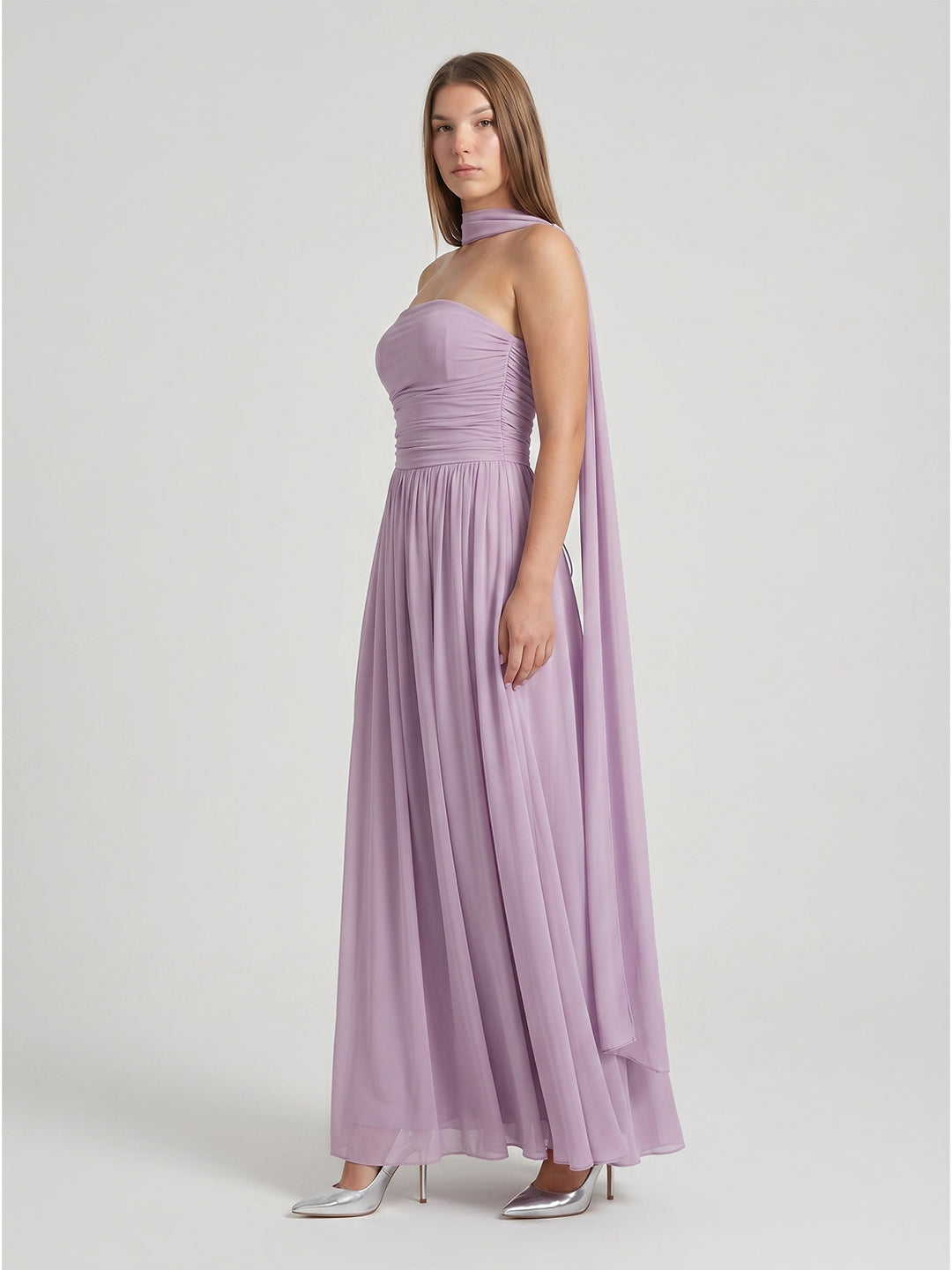 Lavender Chiffon A-Line Straight Neck Criss-Cross Straps Floor-Length Bridesmaid Dress with Pleats