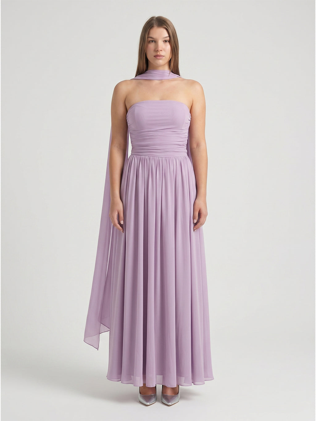 Lavender Chiffon A-Line Straight Neck Criss-Cross Straps Floor-Length Bridesmaid Dress with Pleats