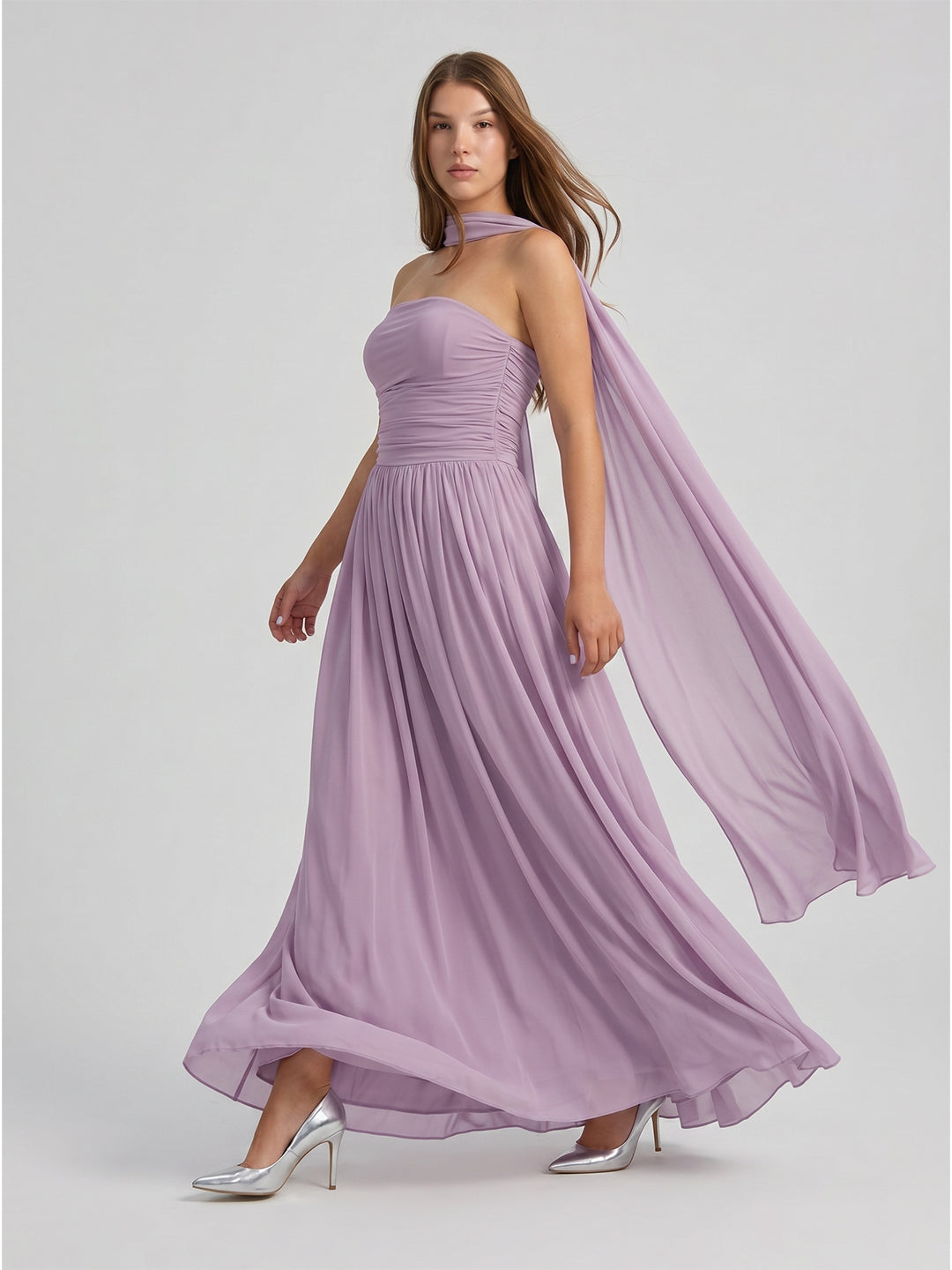 Lavender Chiffon A-Line Straight Neck Criss-Cross Straps Floor-Length Bridesmaid Dress with Pleats