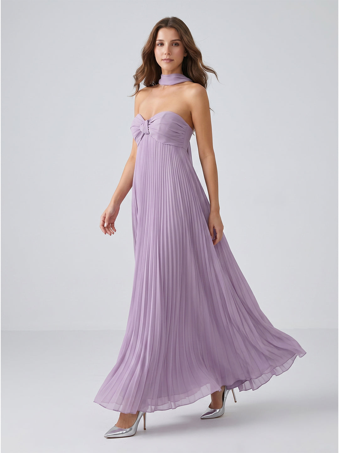 Lavender Chiffon A-Line Sweetheart Criss-Cross Straps Floor-Length Bridesmaid Dress with Pleats