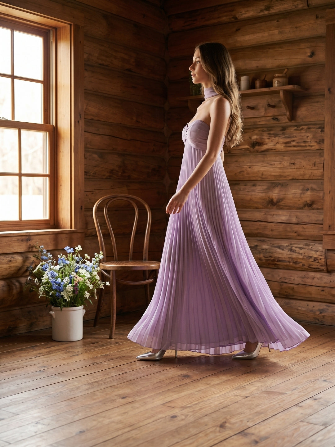 Lavender Chiffon A-Line Sweetheart Criss-Cross Straps Floor-Length Bridesmaid Dress with Pleats