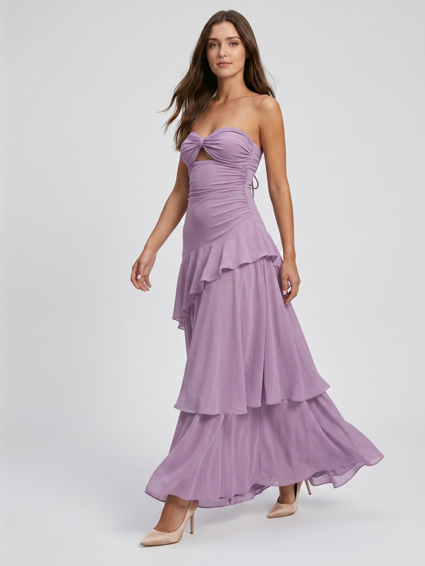 Lavender Chiffon A-Line Sweetheart Lace-Up Floor-Length Bridesmaid Dress with Cascading Ruffles