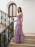 Lavender Chiffon A-Line Sweetheart Lace-Up Floor-Length Bridesmaid Dress with Cascading Ruffles