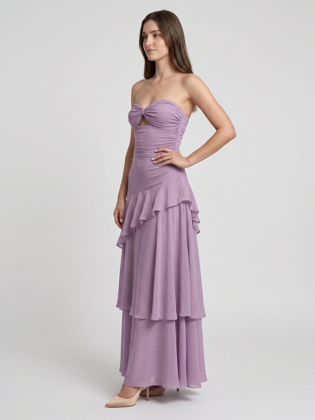 Lavender Chiffon A-Line Sweetheart Lace-Up Floor-Length Bridesmaid Dress with Cascading Ruffles
