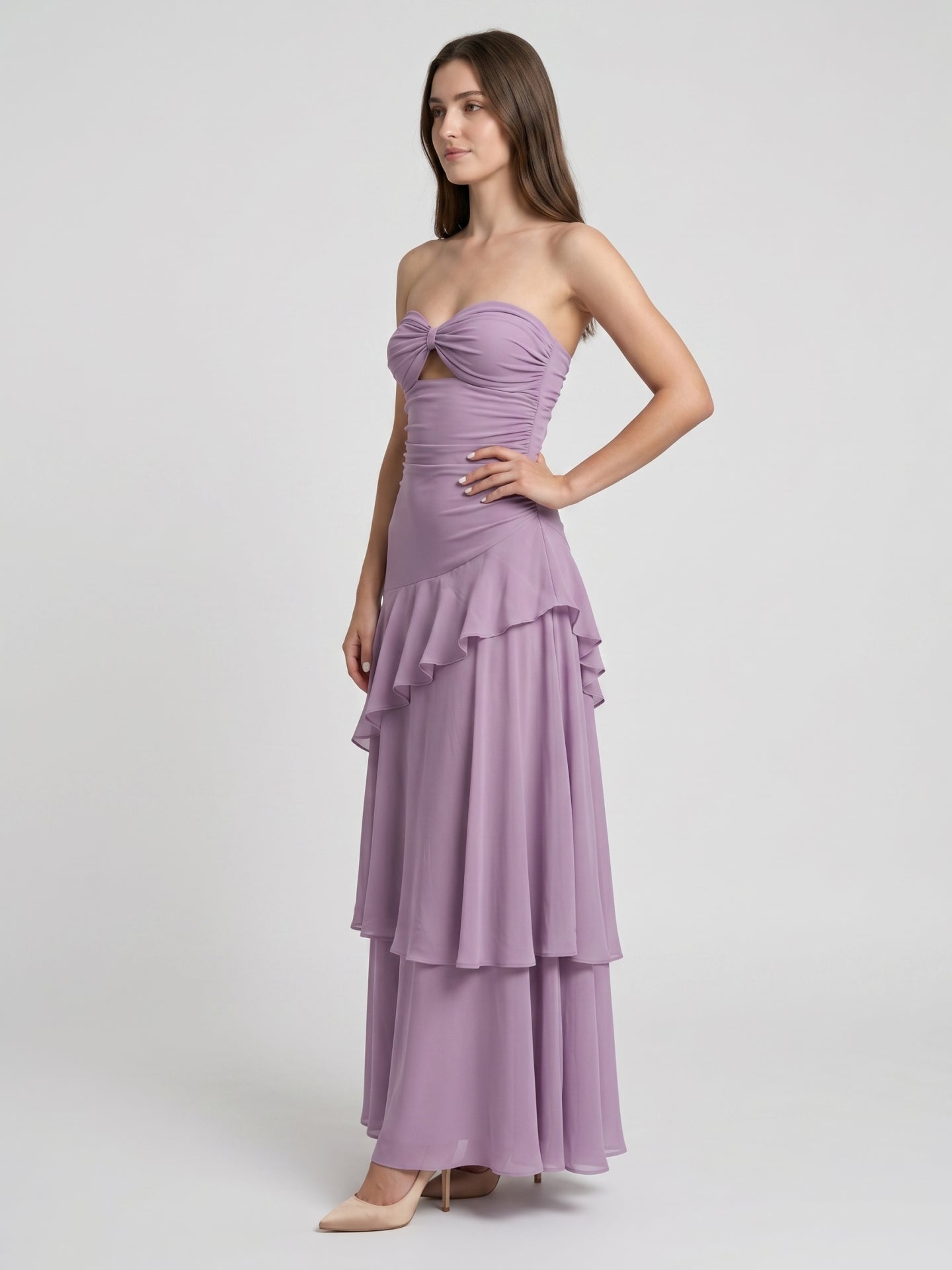 Lavender Chiffon A-Line Sweetheart Lace-Up Floor-Length Bridesmaid Dress with Cascading Ruffles