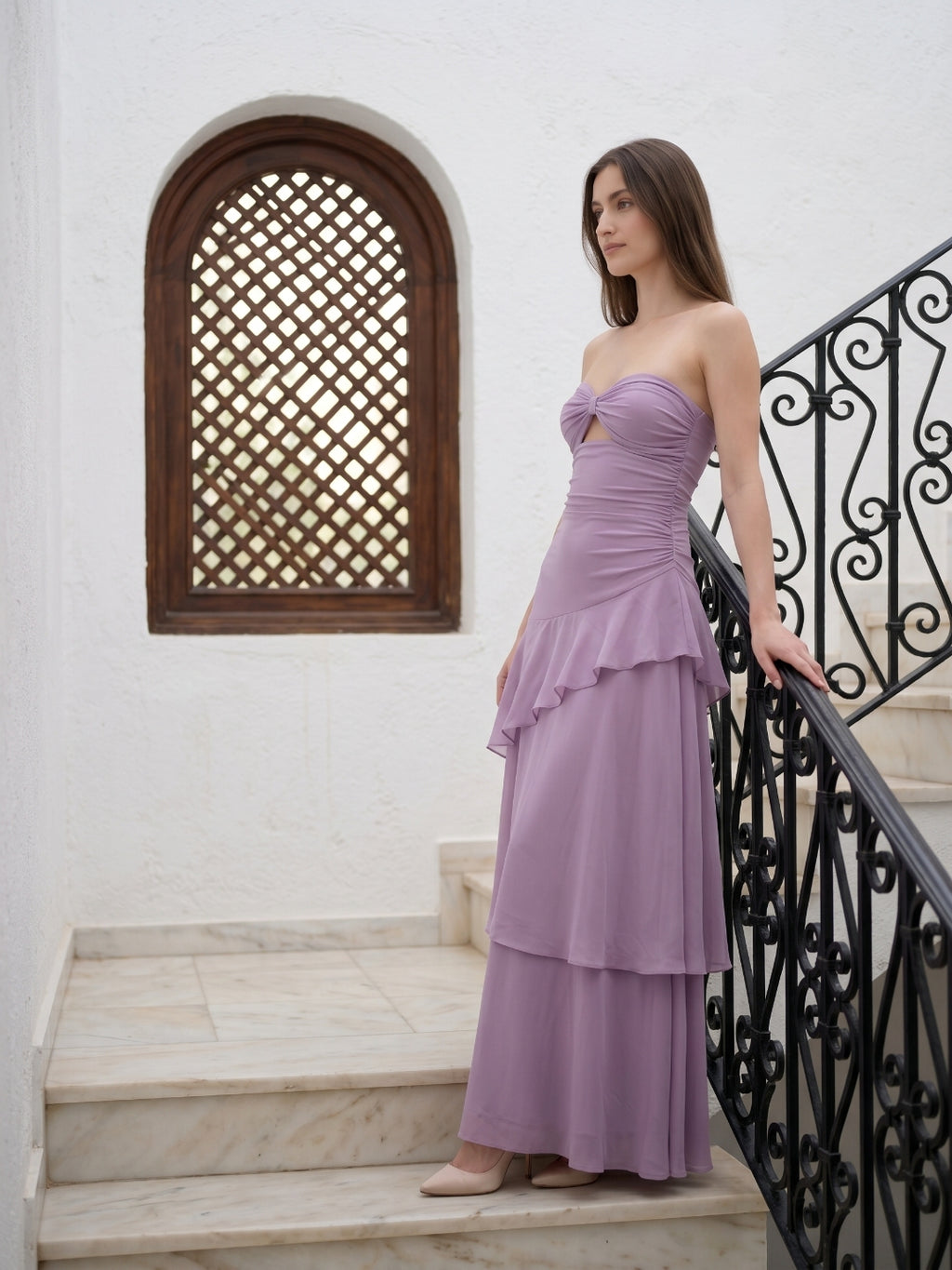 Lavender Chiffon A-Line Sweetheart Lace-Up Floor-Length Bridesmaid Dress with Cascading Ruffles