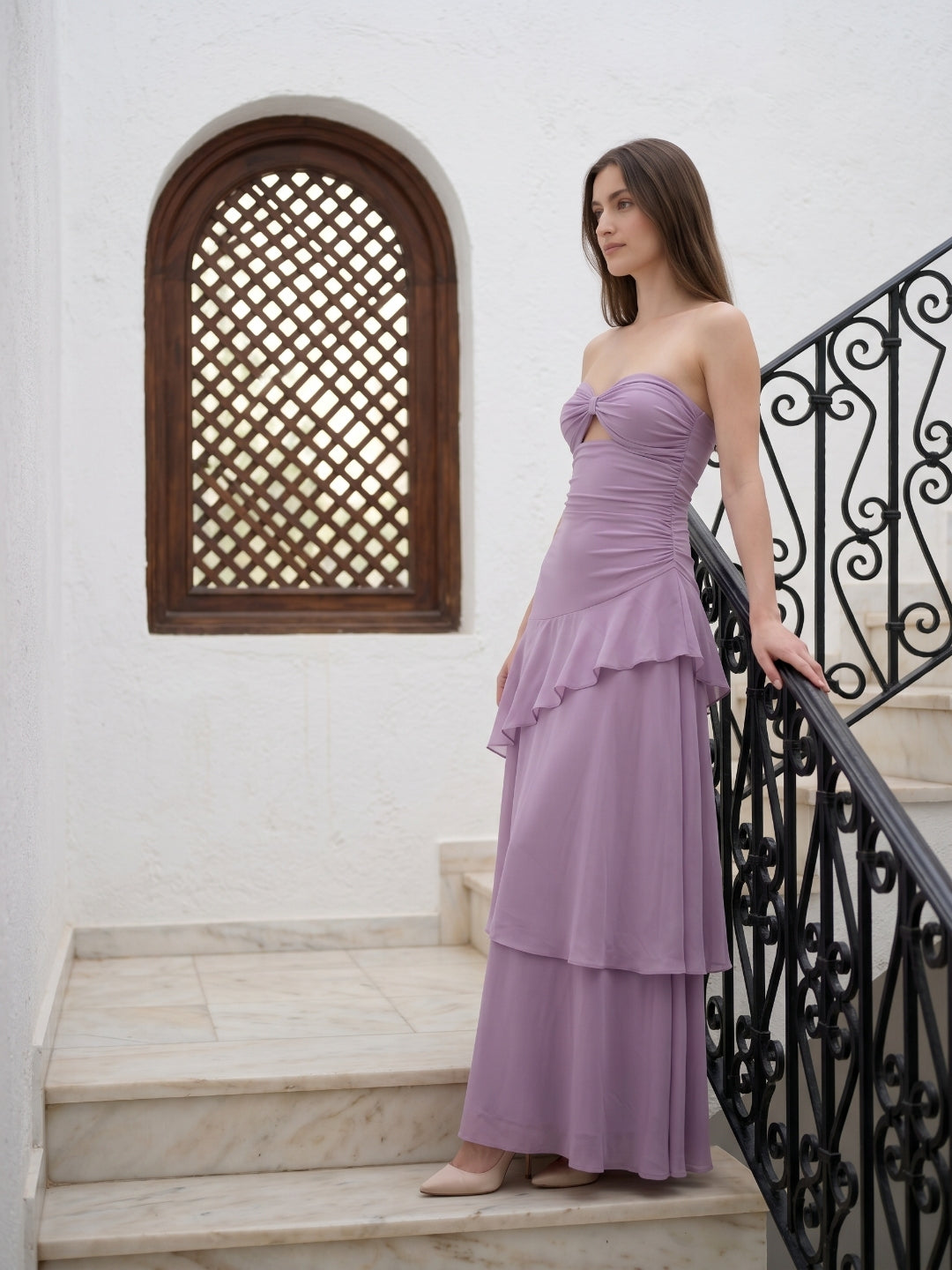 Lavender Chiffon A-Line Sweetheart Lace-Up Floor-Length Bridesmaid Dress with Cascading Ruffles