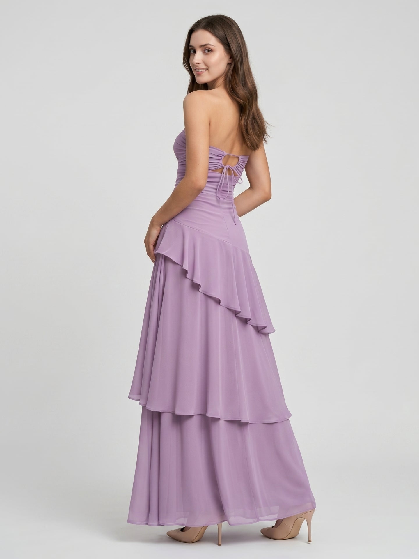 Lavender Chiffon A-Line Sweetheart Lace-Up Floor-Length Bridesmaid Dress with Cascading Ruffles