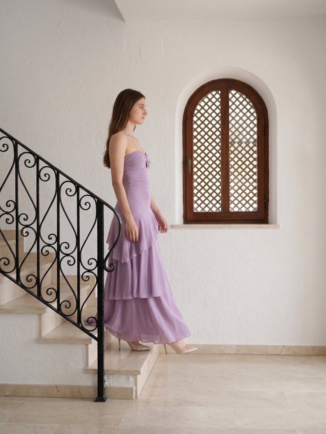 Lavender Chiffon A-Line Sweetheart Lace-Up Floor-Length Bridesmaid Dress with Cascading Ruffles