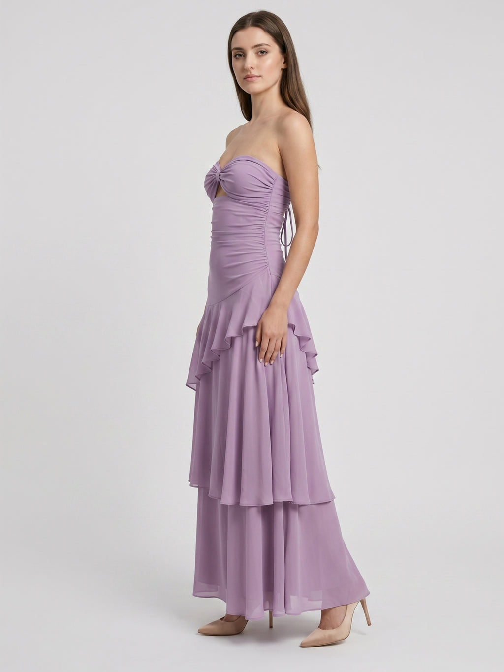 Lavender Chiffon A-Line Sweetheart Lace-Up Floor-Length Bridesmaid Dress with Cascading Ruffles