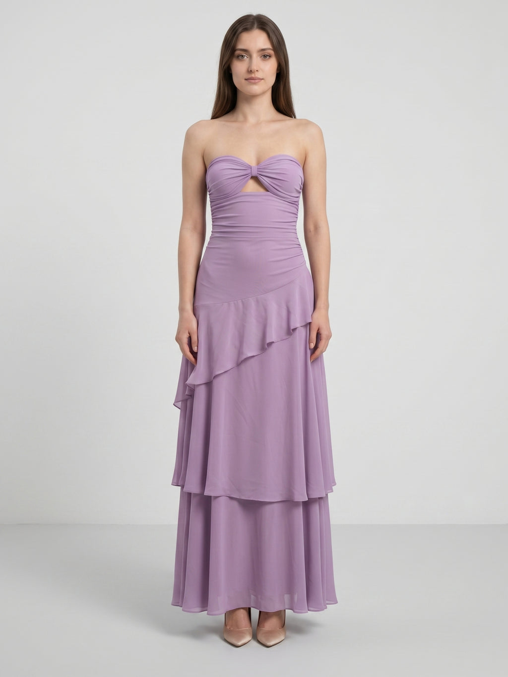 Lavender Chiffon A-Line Sweetheart Lace-Up Floor-Length Bridesmaid Dress with Cascading Ruffles