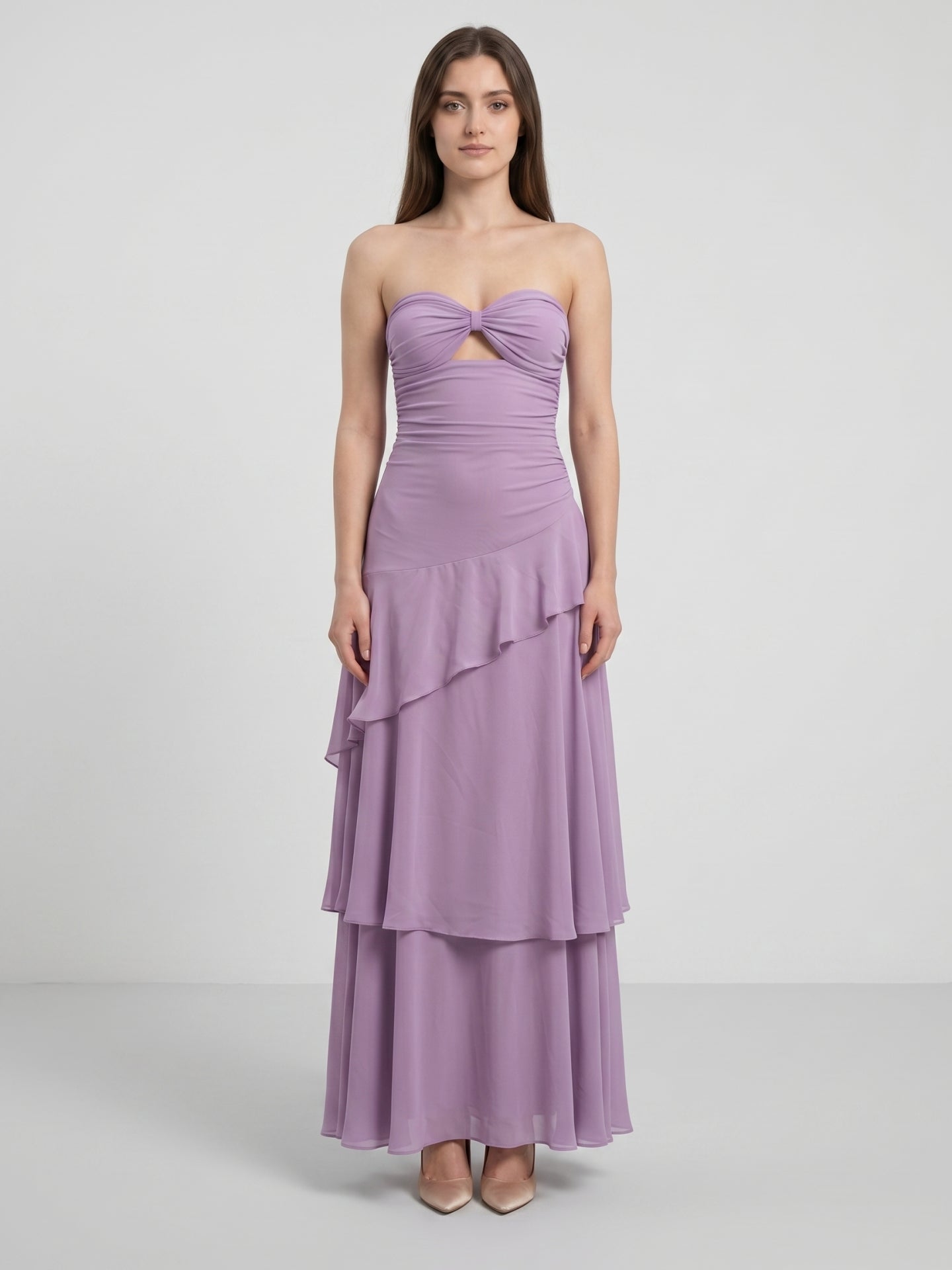 Lavender Chiffon A-Line Sweetheart Lace-Up Floor-Length Bridesmaid Dress with Cascading Ruffles