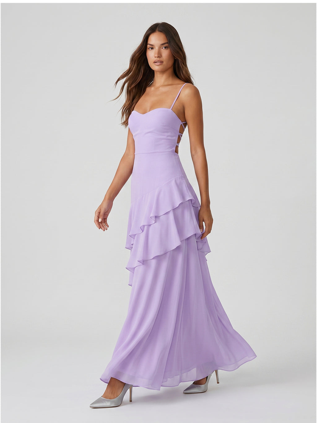 Lavender Chiffon A-Line Sweetheart Lace-up Floor-Length Bridesmaid Dress with Ruffle