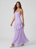 Lavender Chiffon A-Line Sweetheart Lace-up Floor-Length Bridesmaid Dress with Ruffle