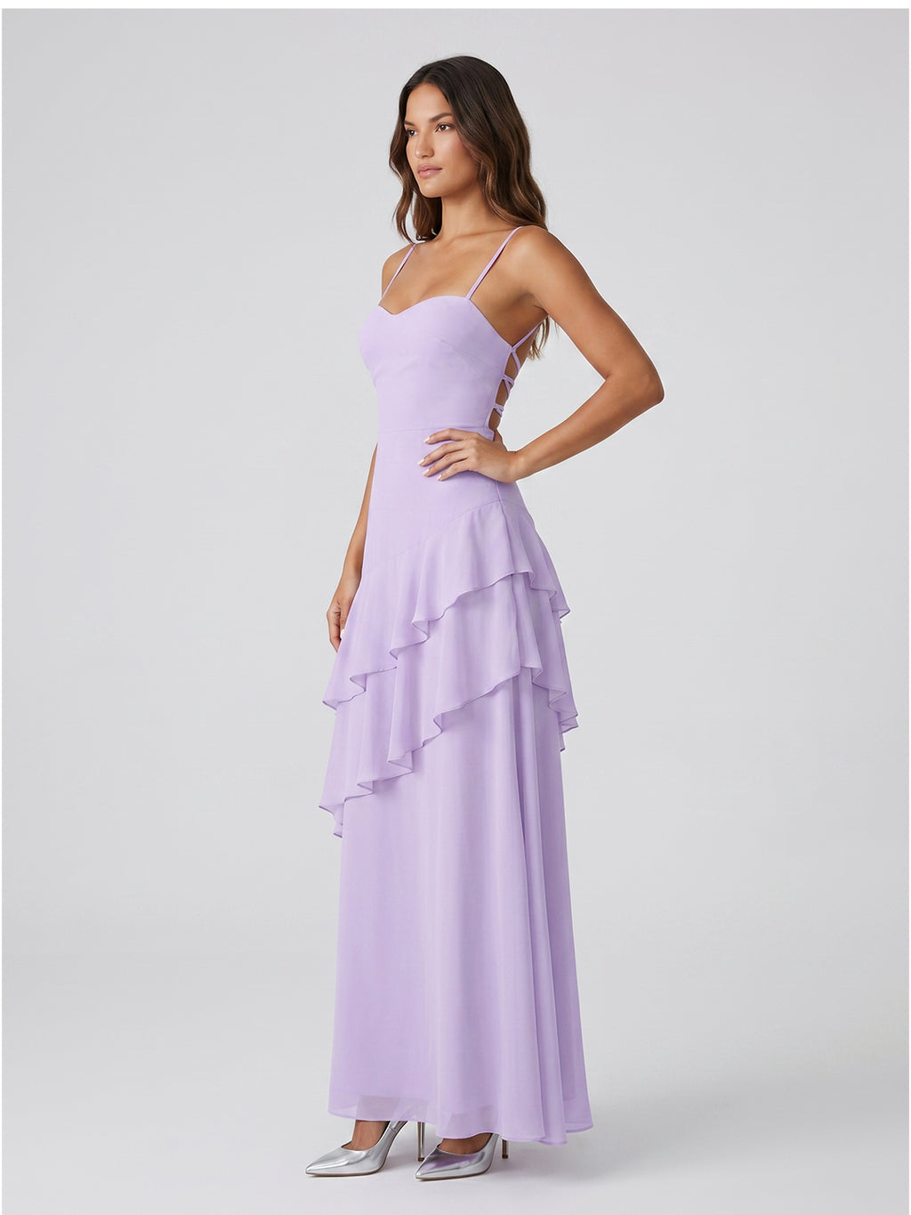 Lavender Chiffon A-Line Sweetheart Lace-up Floor-Length Bridesmaid Dress with Ruffle