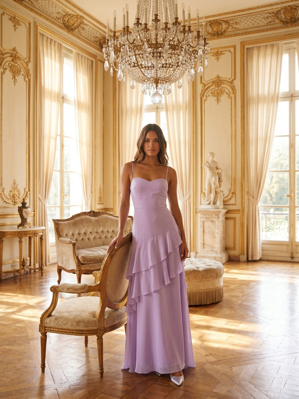 Lavender Chiffon A-Line Sweetheart Lace-up Floor-Length Bridesmaid Dress with Ruffle