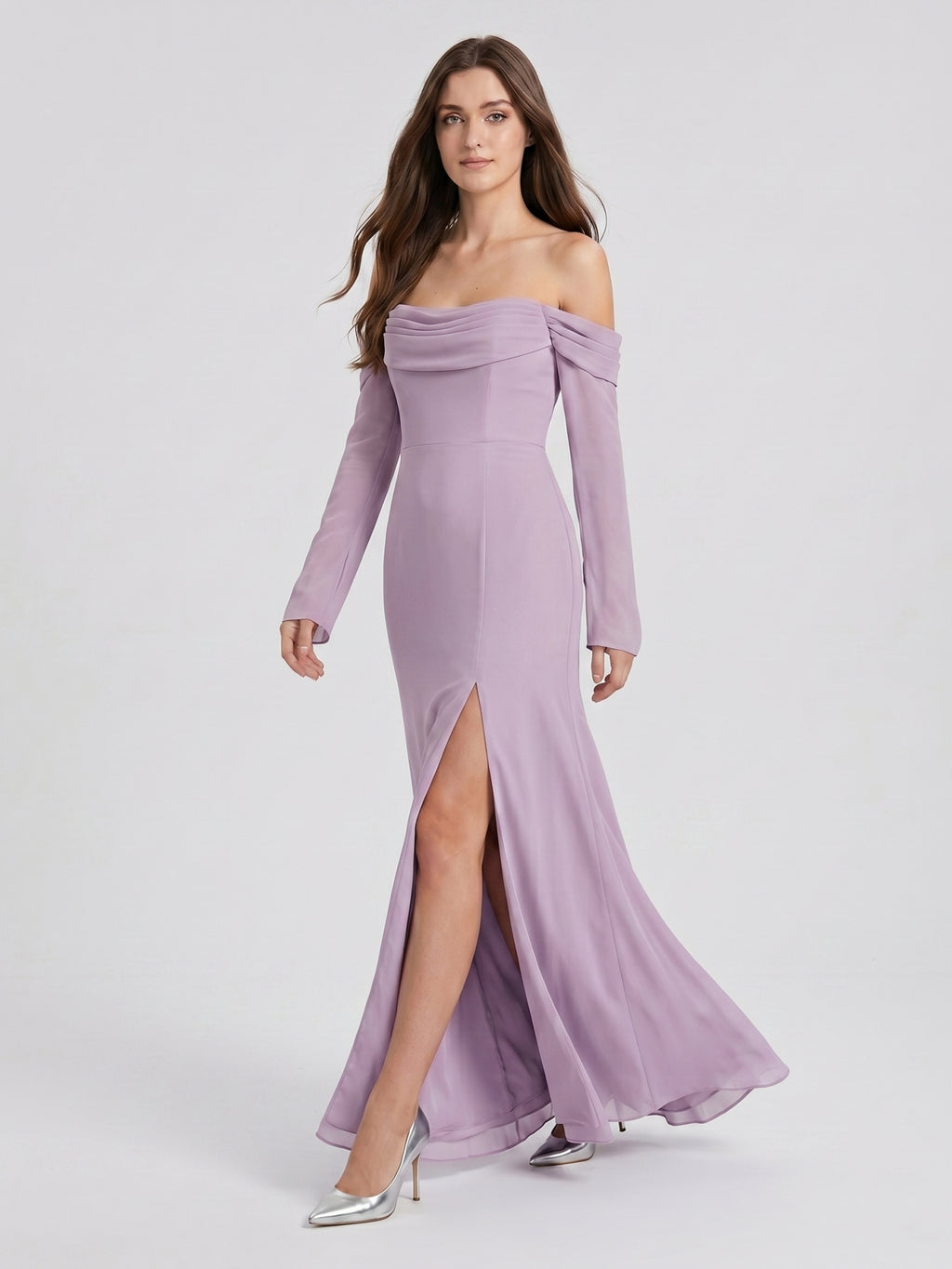 Lavender Chiffon Column Off-the-Shoulder Back Zip Floor-Length Bridesmaid Dress