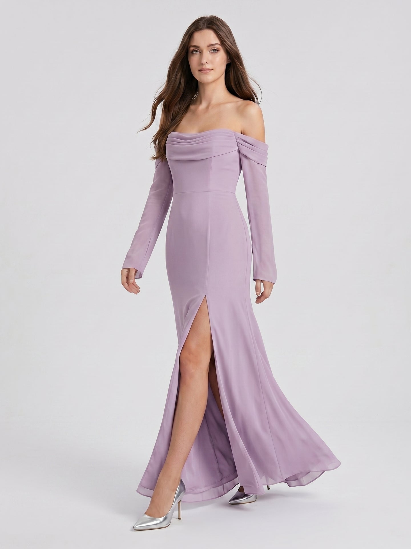 Lavender Chiffon Column Off-the-Shoulder Back Zip Floor-Length Bridesmaid Dress