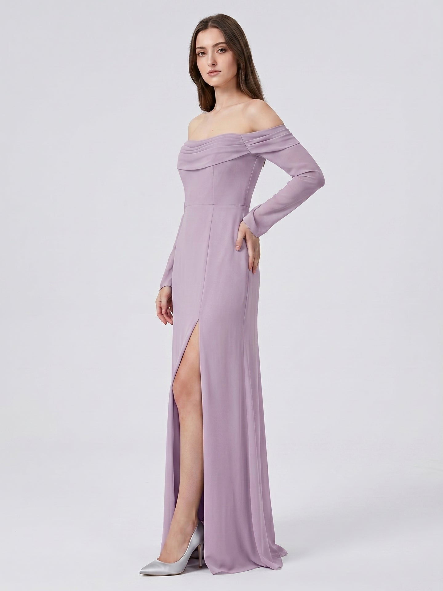 Lavender Chiffon Column Off-the-Shoulder Back Zip Floor-Length Bridesmaid Dress