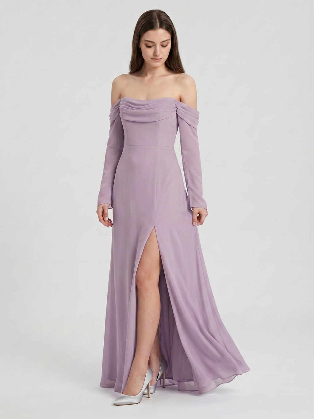 Lavender Chiffon Column Off-the-Shoulder Back Zip Floor-Length Bridesmaid Dress