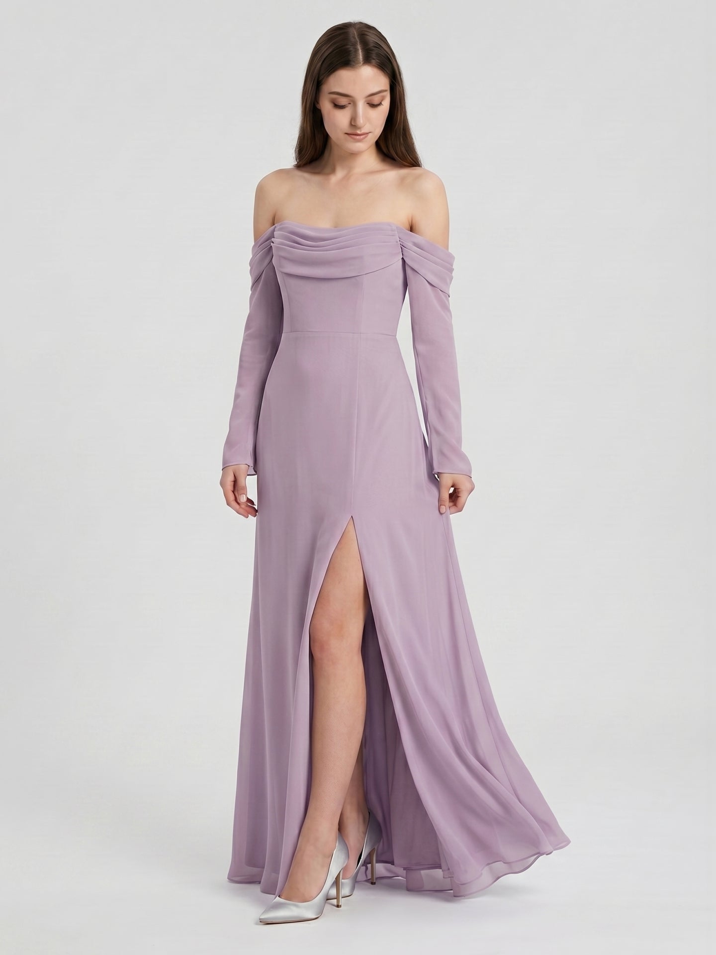 Lavender Chiffon Column Off-the-Shoulder Back Zip Floor-Length Bridesmaid Dress