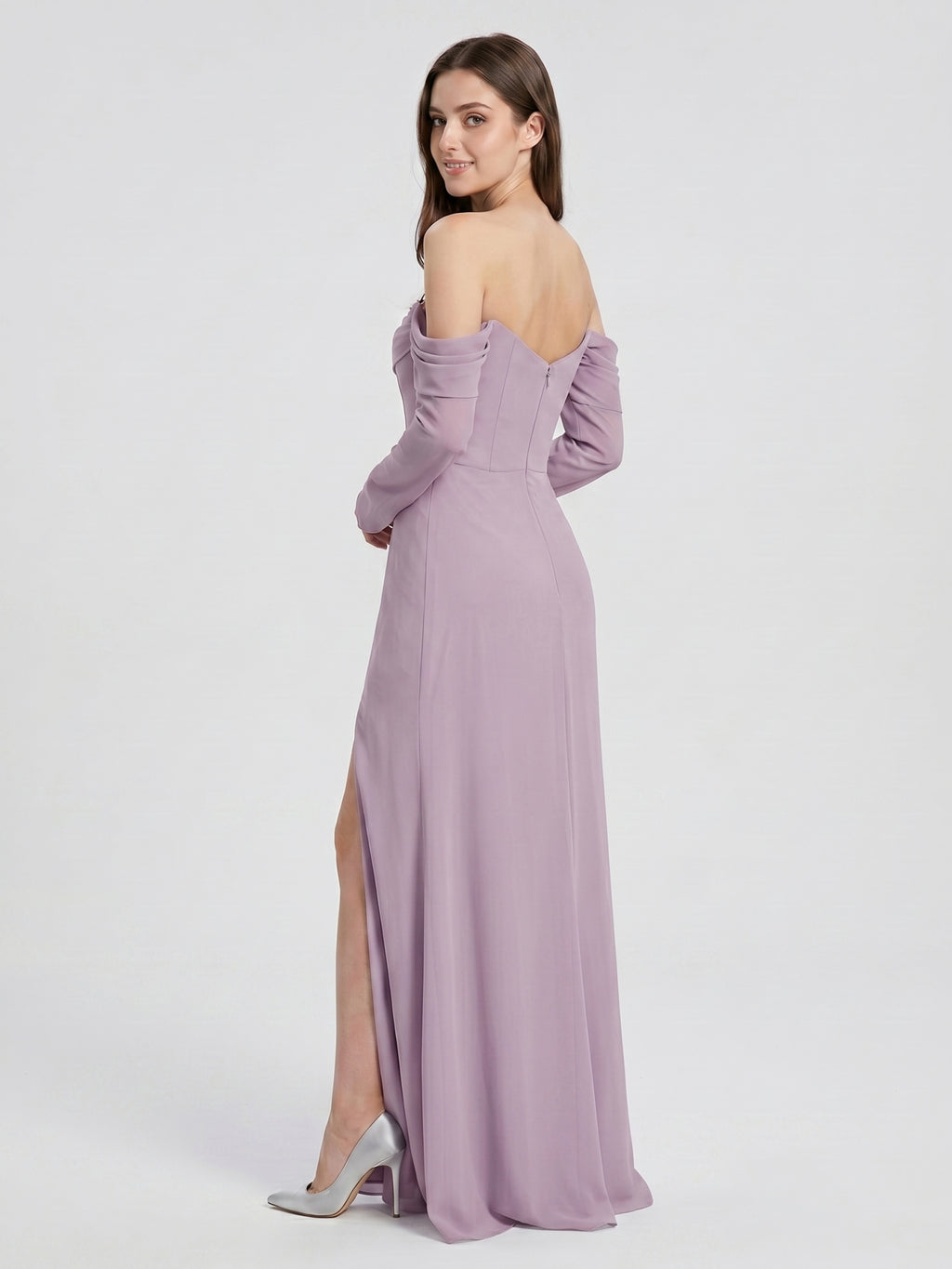 Lavender Chiffon Column Off-the-Shoulder Back Zip Floor-Length Bridesmaid Dress