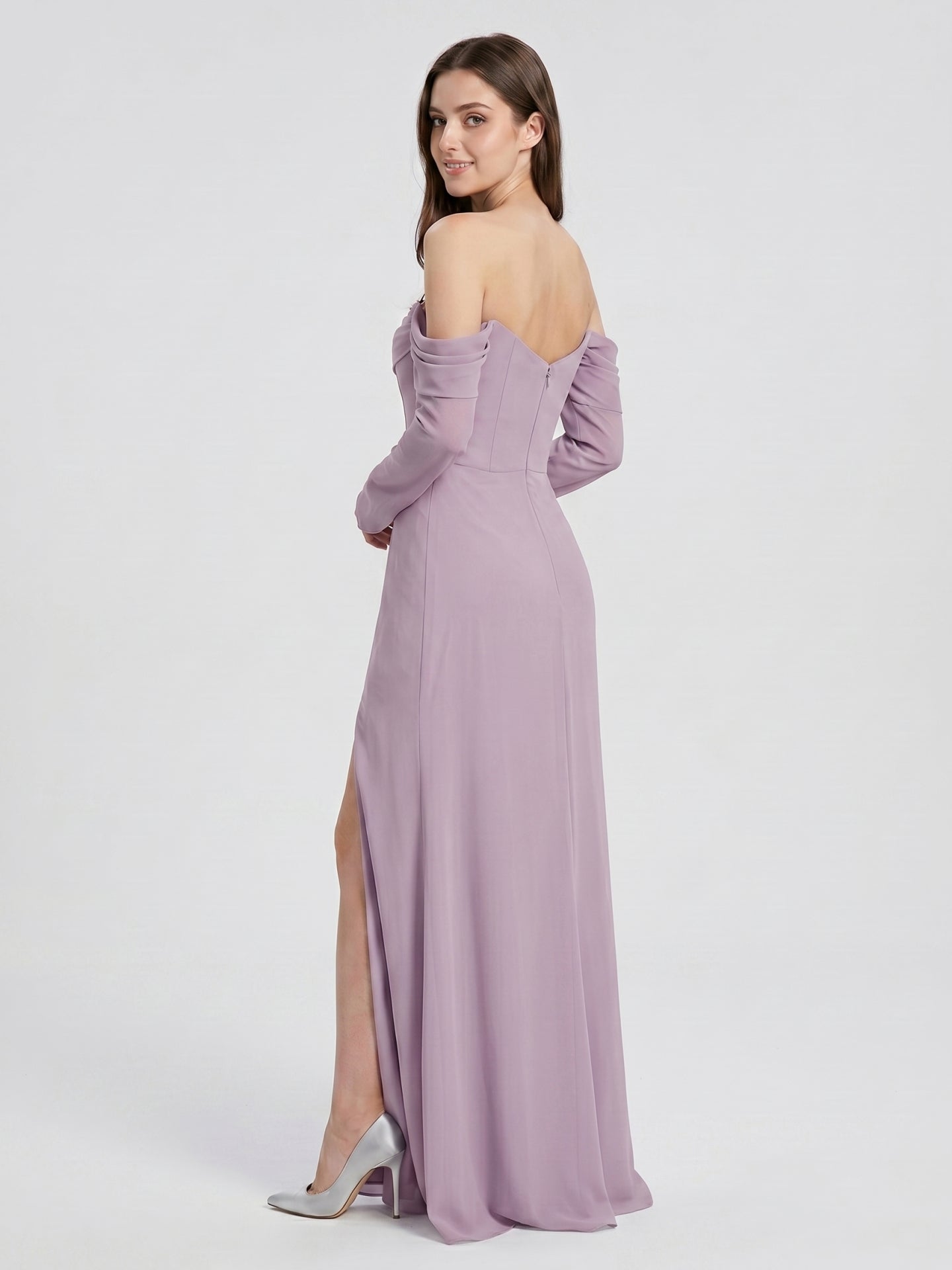 Lavender Chiffon Column Off-the-Shoulder Back Zip Floor-Length Bridesmaid Dress