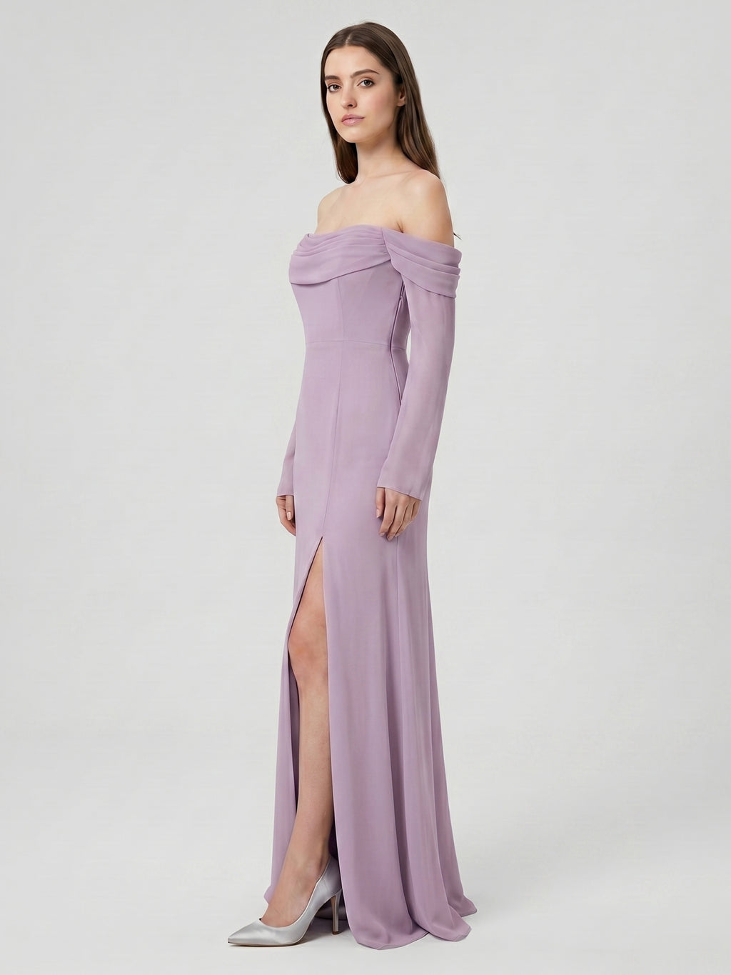 Lavender Chiffon Column Off-the-Shoulder Back Zip Floor-Length Bridesmaid Dress