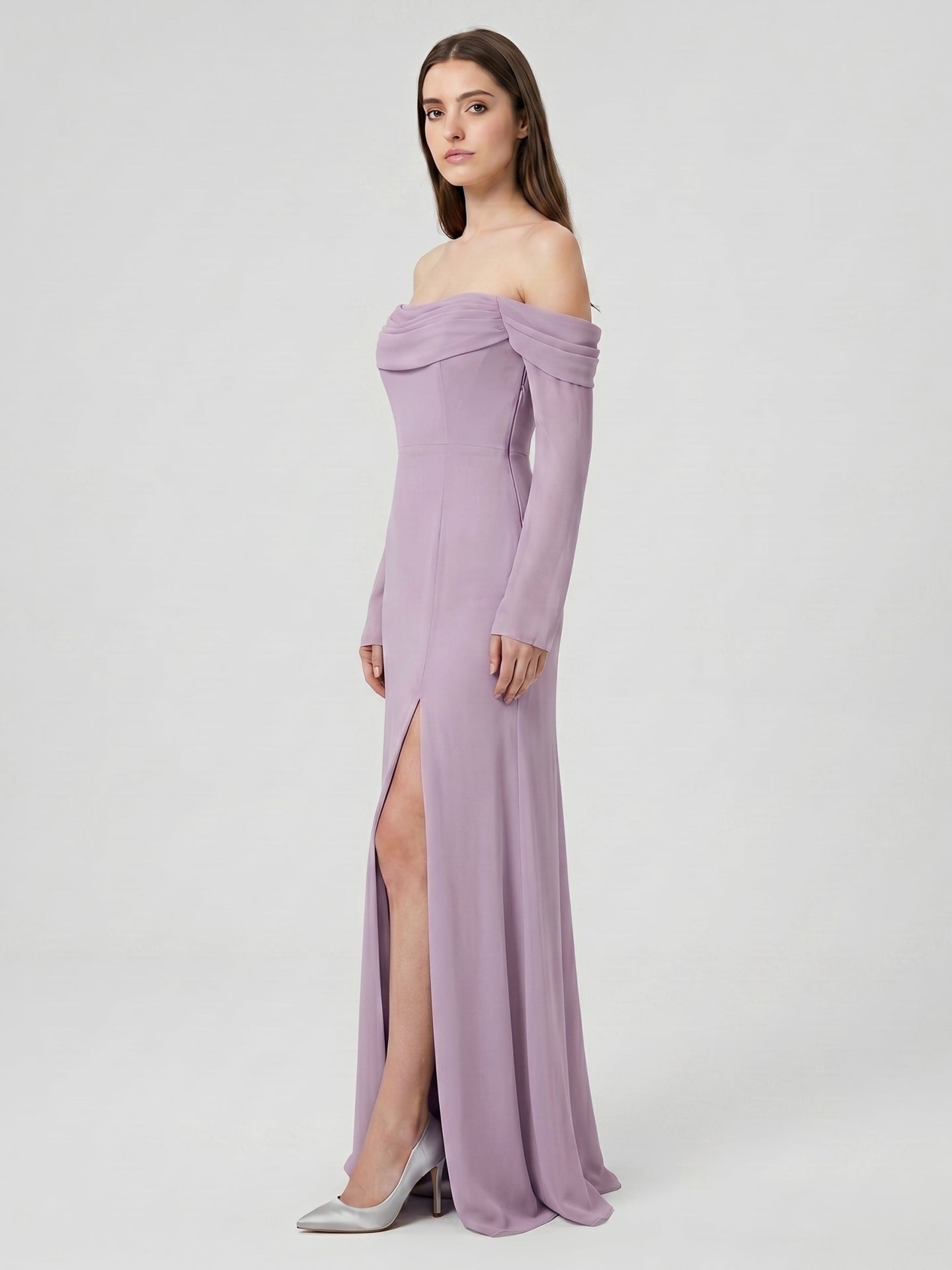 Lavender Chiffon Column Off-the-Shoulder Back Zip Floor-Length Bridesmaid Dress