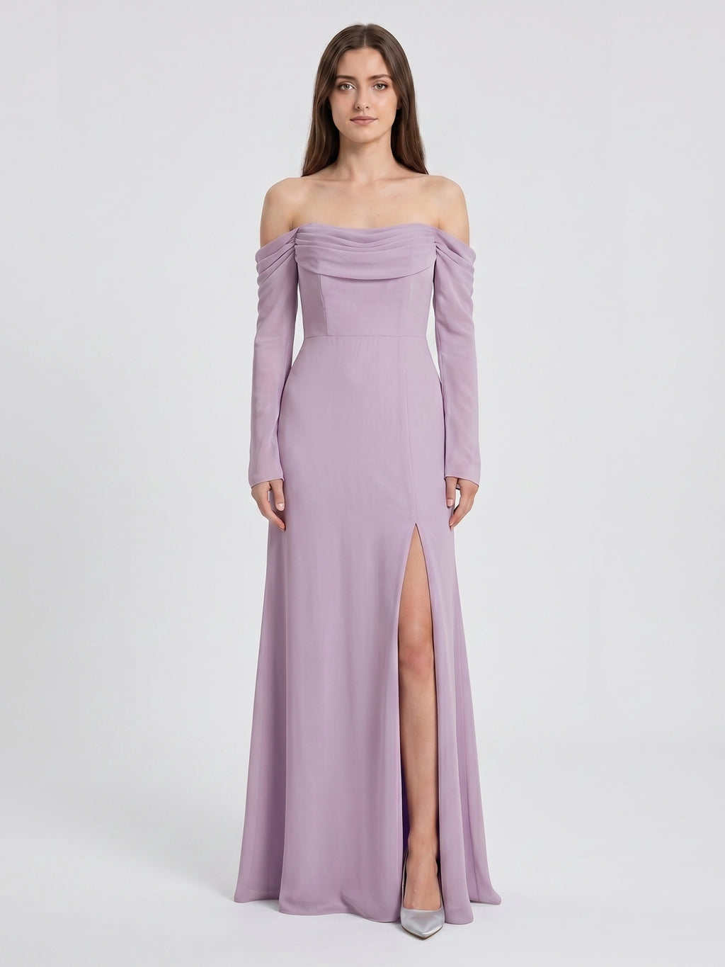 Lavender Chiffon Column Off-the-Shoulder Back Zip Floor-Length Bridesmaid Dress