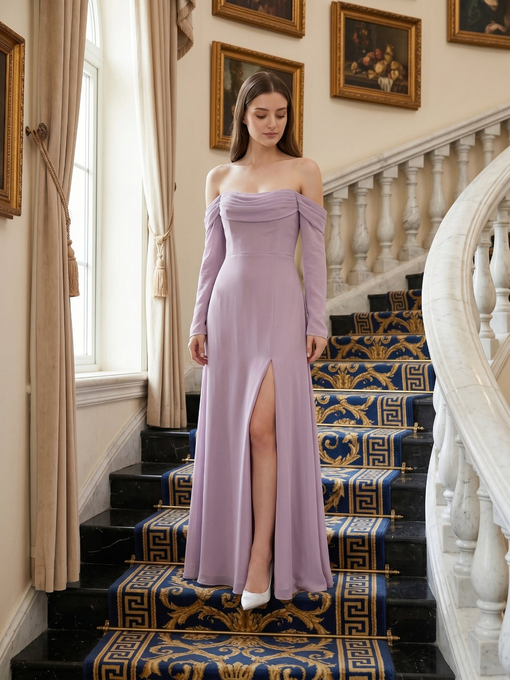 Lavender Chiffon Column Off-the-Shoulder Back Zip Floor-Length Bridesmaid Dress